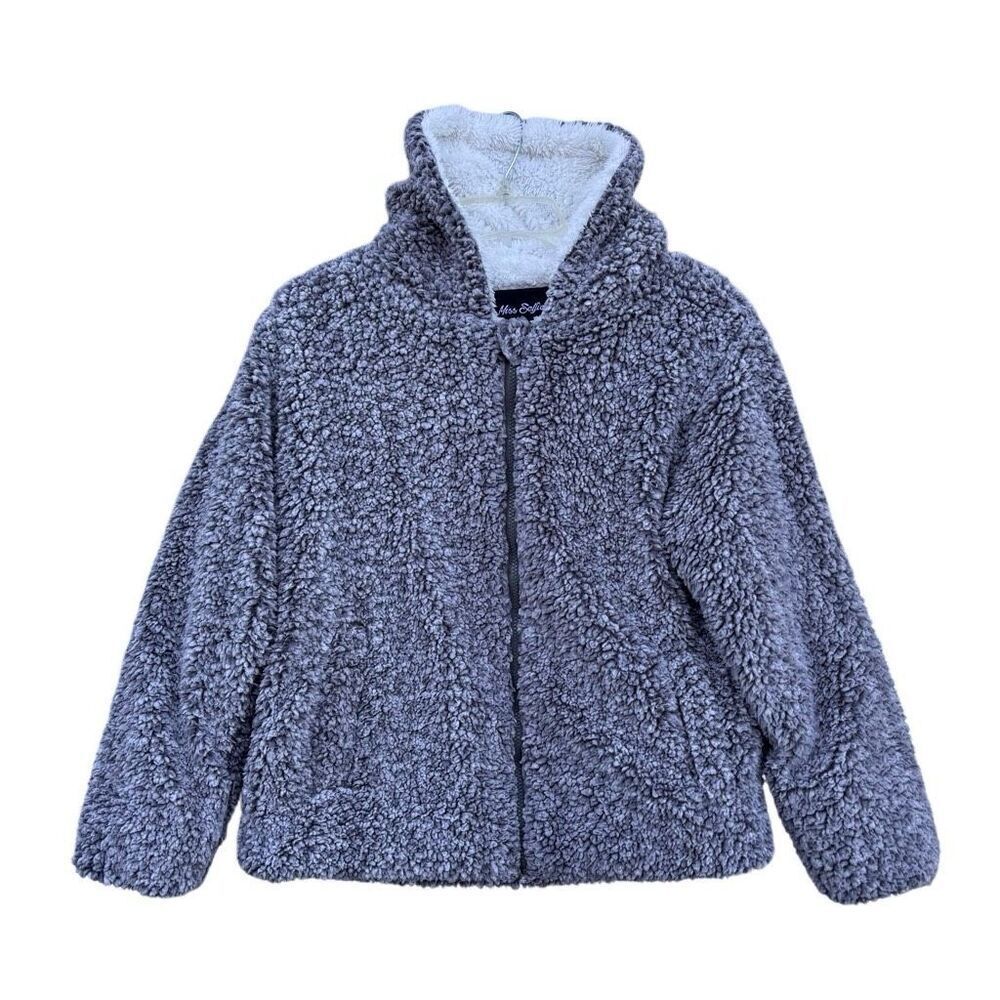 Miss Selfie Sherpa Gray Sweatshirt Hoodie Jacket Girl Size 16 Full Zip Pockets